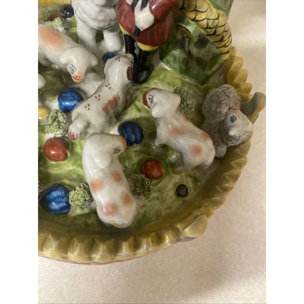 Vtg Staffordshire Style Spill Vase Shepherd, Sheepdog, Sheep, Birds, Tree 8.25